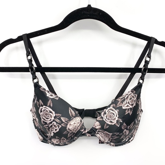 Victoria's Secret Size 32C Bra Very Sexy Push Up Black White Satin Floral Wire - Picture 1 of 9